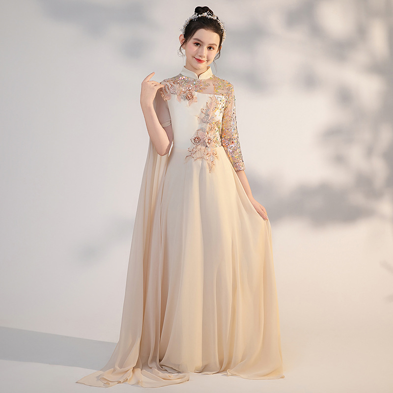 Champagne Gold Children's Guzheng Performance Costume 2025 New Chinese Style Super Fairy Girl Folk Music Performance Dress Guzheng Dress
