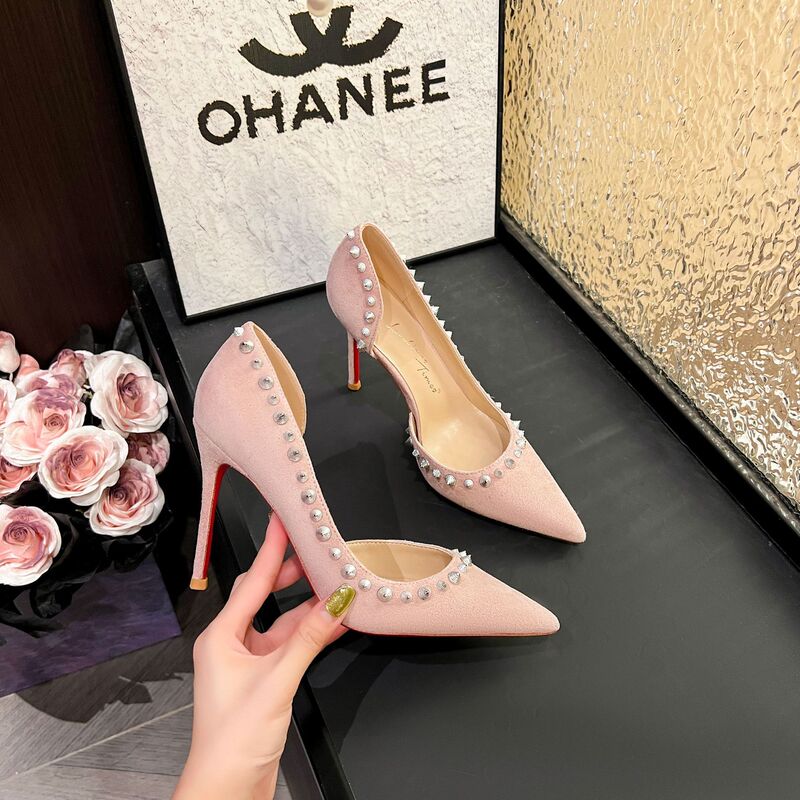 Elegant Pointed-Toe Suede Nude Pink Studded Red-Soled High-Heeled Shoes with Shallow Cut and Side Cutouts for Women, Ultra-High Heels