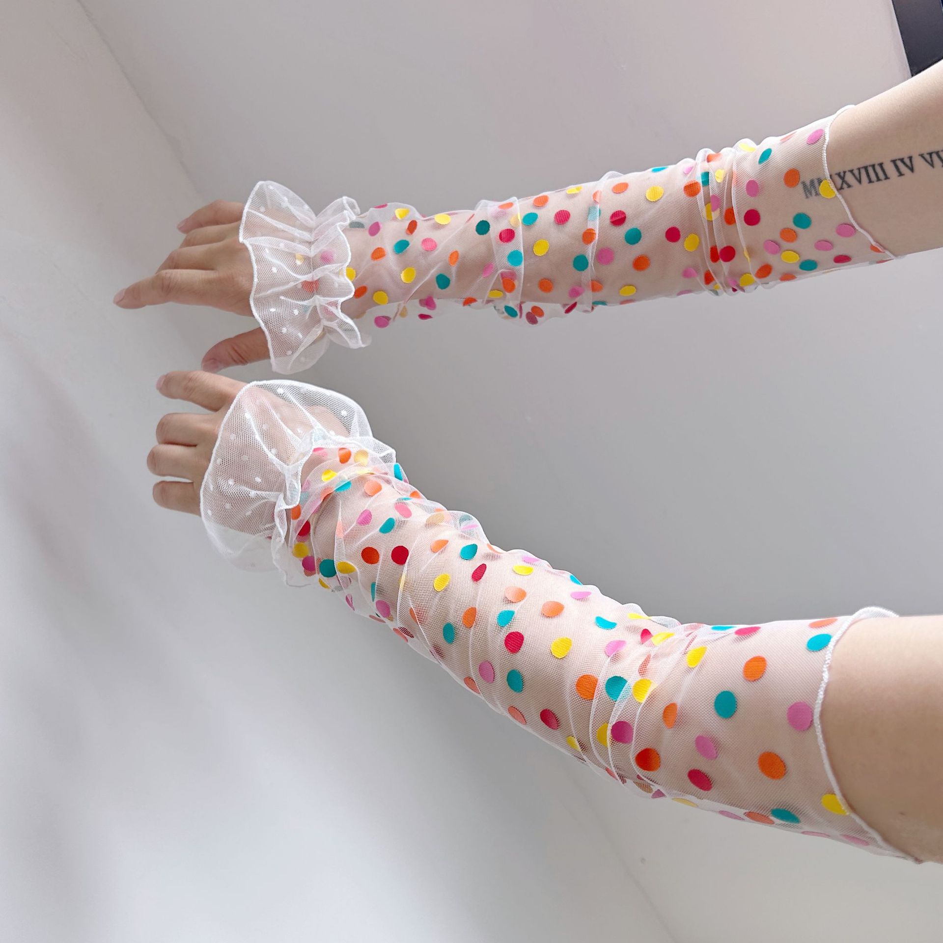 夏季可爱波点洛丽塔网纱防晒袖套柔软轻薄百褶袖套薄纱透气女套袖