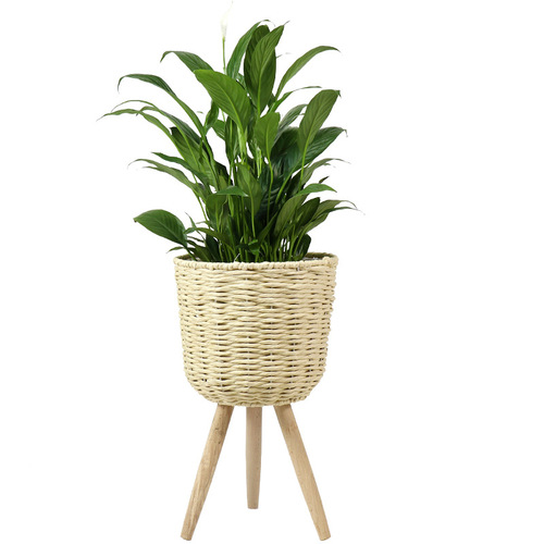 Nordic style creative wicker and grass basket wooden tall flower stand floor-standing indoor living room decoration pothos plant pot