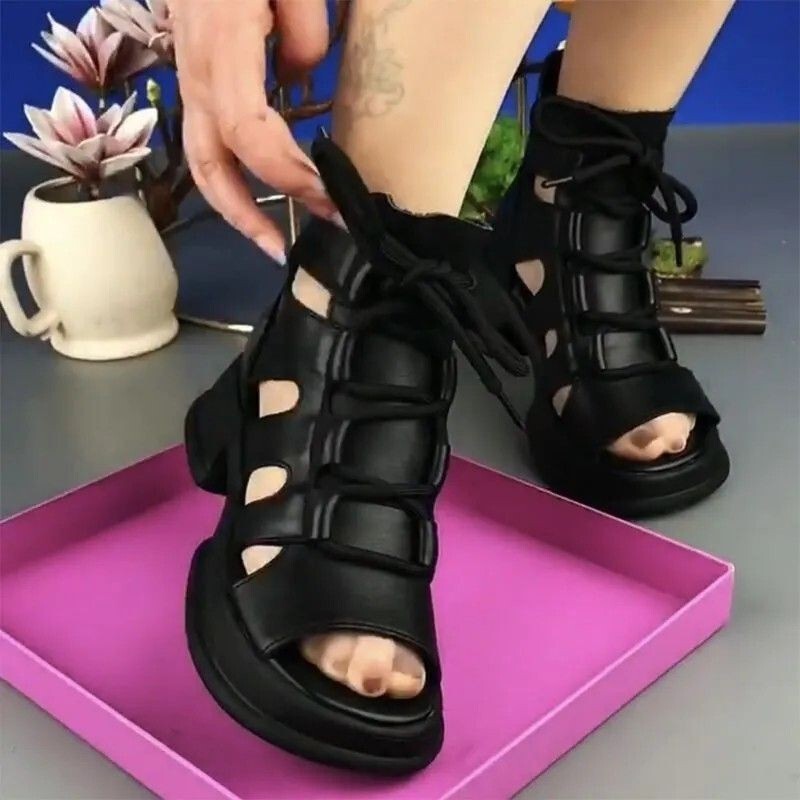 Genuine Leather Women's High-Heeled Sandals 2024 Summer New Style Roman Perforated Shoes with Chunky Heels, Open-Toe, Cut-Out, High-Top Sandals Genuine Leather Women's High-Heeled Sandals 2024 Summer New Style Roman Perforated Shoes with Chunky Heels, Open-Toe, Cut-Out, High-Top Sandals