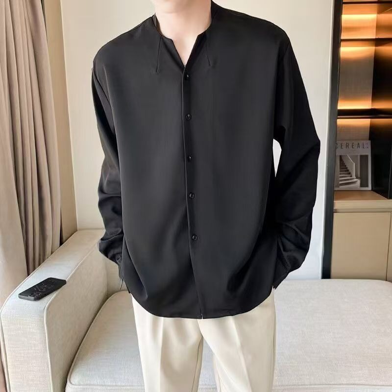 夏季垂感复古V领冰丝长袖衬衫男百搭立领痞帅衬衣潮流ins薄款上衣