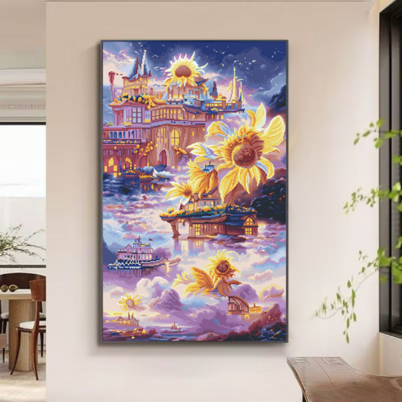Mona Lisa real bordado cruzado diy material paquete girasol castillo paisaje romántico de ensueño 37 bordado completo