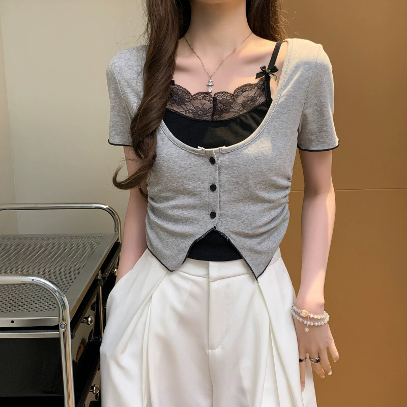 Настоящая фотография в наличии, корейский стиль, искусственный кружевной жилет из двух частей на подтяжках, футболка с короткими рукавами, тонкий эластичный вязаный топ для женщин