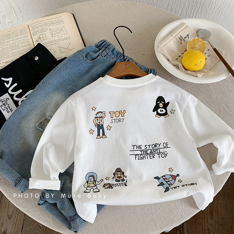 Muye Kidsren's Bottoming Shirt Spring & Fall New Cute Kidsren's Clothing Boys Korean Style Cartoon Clothing Baby Pure Cotton Long-Sleeved T-Shirt