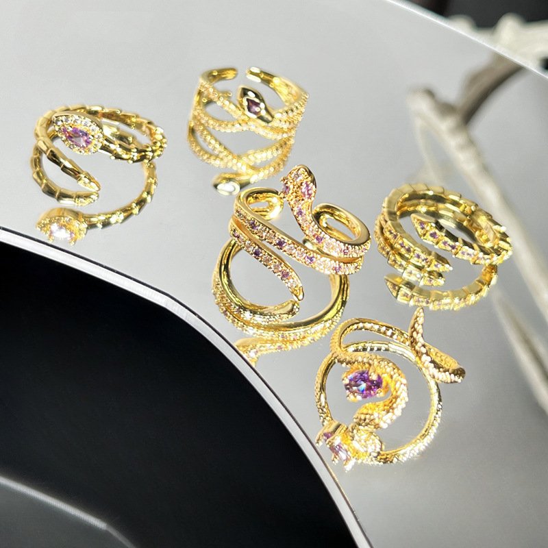 6g Weight Zircon Inlay Material Open Rings Classification Adjustable Ring Size 1 Piece Quantity Daily Occasion Copper Material Snake Pattern All Seasons Season Women's Gender Inlay Design IG Style Style Wholesale Jewelry IG Style Snake Copper Zircon Inlay Open Rings 无