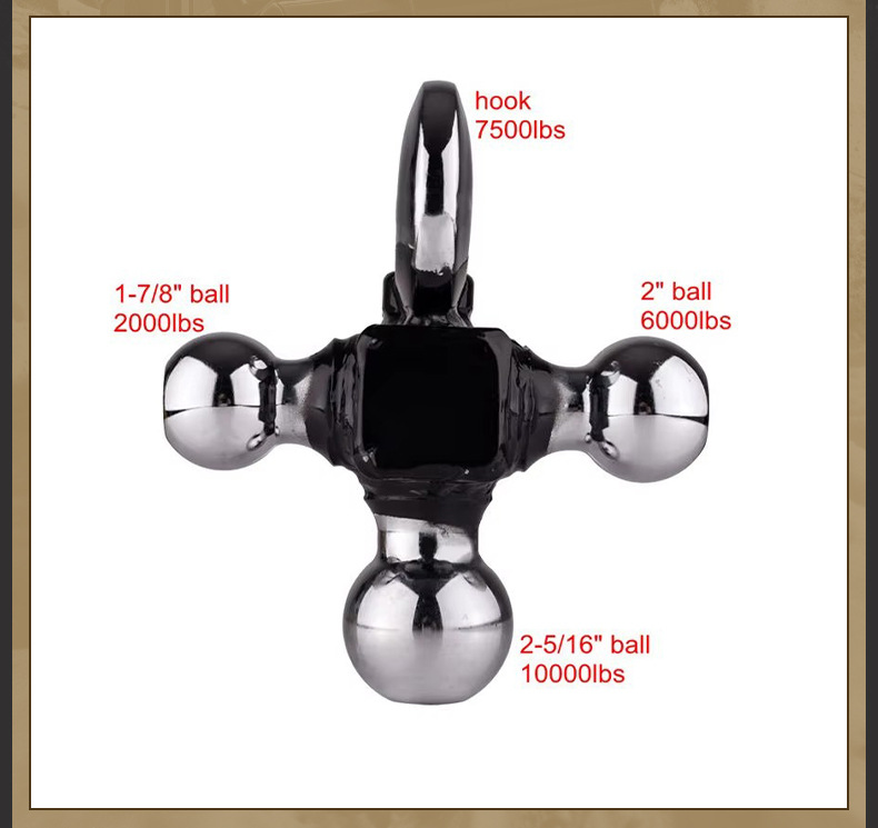 Cross-Border Hot-Selling Three-Ball Hitch Trailer Arm with Hook, Modified Off-Road Vehicle Towing Hitch Universal Accessory 1-7/ 8inch 2inch