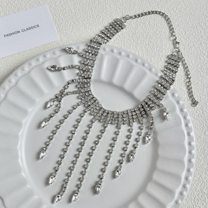 European And American Diamond-embellished Exaggerated Water Drop Tassel Necklace For Women, Fashionable Niche Choker_voghion.com