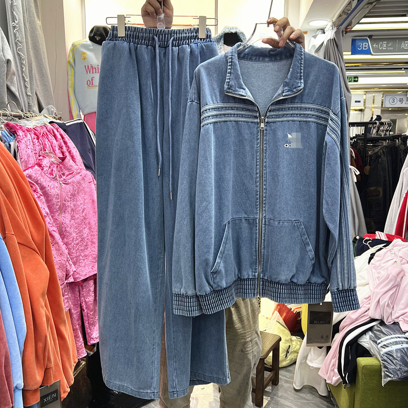 Korean Spring and Autumn Three-Stripe Embroidered Casual New Chinese Style Denim Suit Jacket + Wide-Leg Trousers Fashion Trend Korean Spring and Autumn Three-Stripe Embroidered Casual New Chinese Style Denim Suit Jacket + Wide-Leg Trousers Fashion Trend