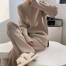 2026秋冬女装简约复古针织套装时尚开叉毛衣阔腿裤宽松休闲两件套