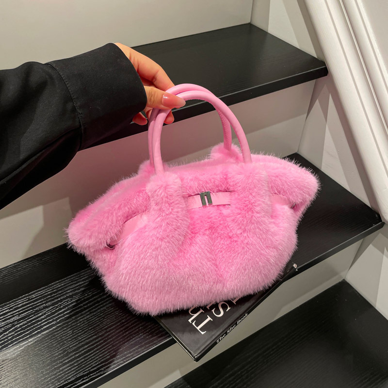 2025冬毛绒手提包女可爱淑女气质褶皱仿兔毛女包大容量毛毛包bags