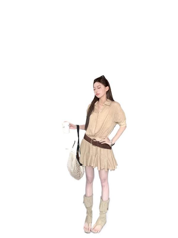 高级感修身收腰显瘦翻领短袖衬衫连衣裙女夏季复古气质百褶裙短裙|undefined