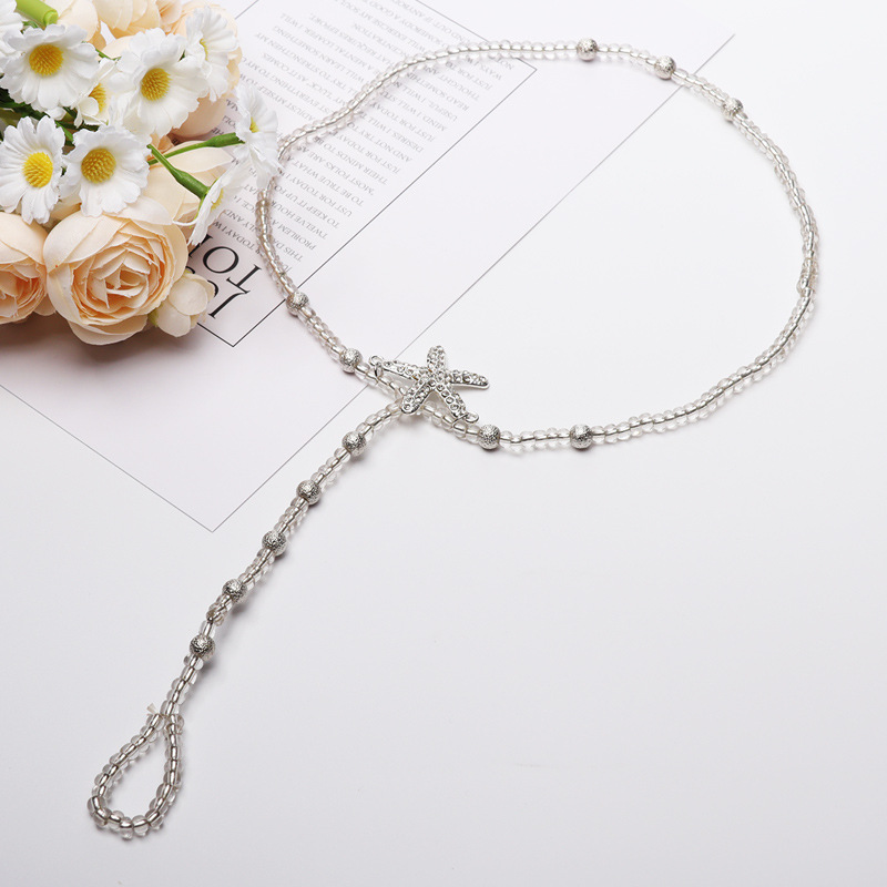 Cuerda elástica de perlas de imitación europea y americana con tobillera Diamante Estrella de mar con cuentas Adornos de pie de diamantes de imitación Conjunto de turquesa azul