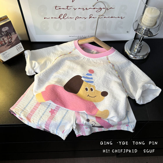 Children's Summer Home Clothes Set, Boy's Color-Blocked Cloud Cotton Pajamas, Baby Girl's Short-Sleeved Shorts, Thin Air-Conditioned Clothes