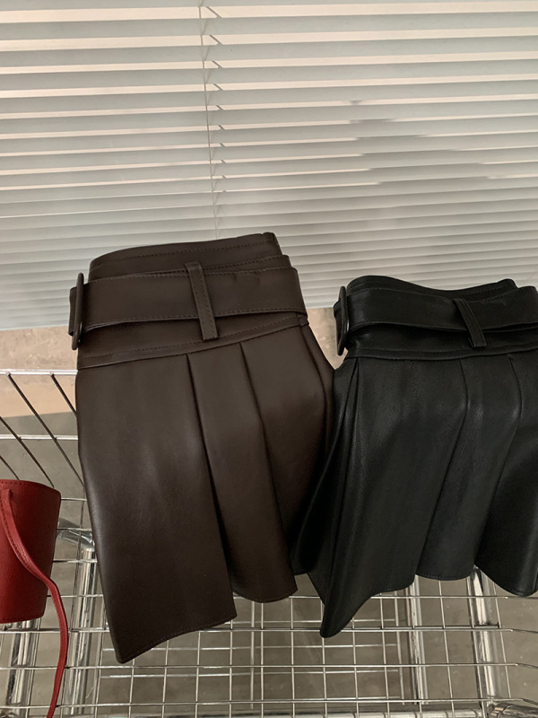 欧玛莱 PU皮百褶纯色小皮裙短裙女秋冬季新品高腰A字半身裙潮4593|undefined