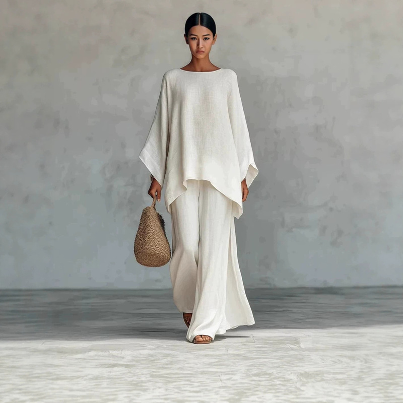 In-Stock 2026 European and American Cross-Border New Style Women's Simple Loose Linen Blend Shirt and Wide-Leg Pants Set, Fluffy In-Stock 2026 European and American Cross-Border New Style Women's Simple Loose Linen Blend Shirt and Wide-Leg Pants Set, Fluffy