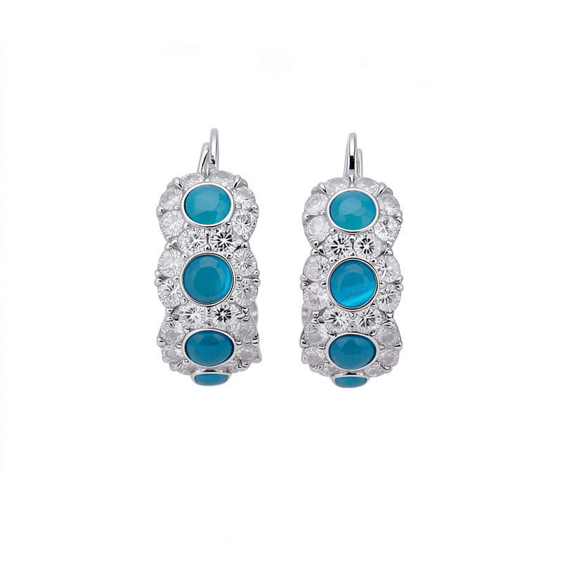 Azul, piedra de ojo de gato, perfiles de orejas redondos, temperamento de personalidad, pendientes de lujo ligero, conjunto de joyas de alta calidad.