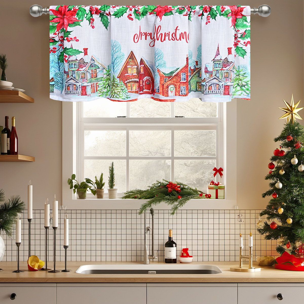 Nuevo estilo transfronterizo colorido Navidad cortina de impresión de cortina corta cortina de barrera de sombra de cocina europea y americana fabricante de cortinas pequeñas