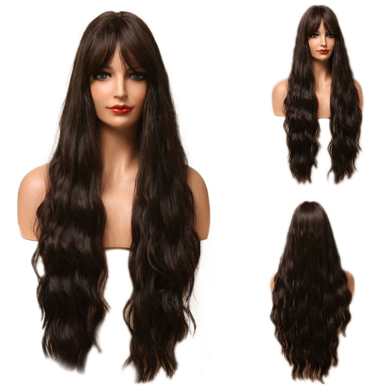 Peluca europea y americana hembra negro marrón de ocho caracteres flequillo largo pelo rizado en stock Peluca de pelo de alta temperatura cosplay de seda