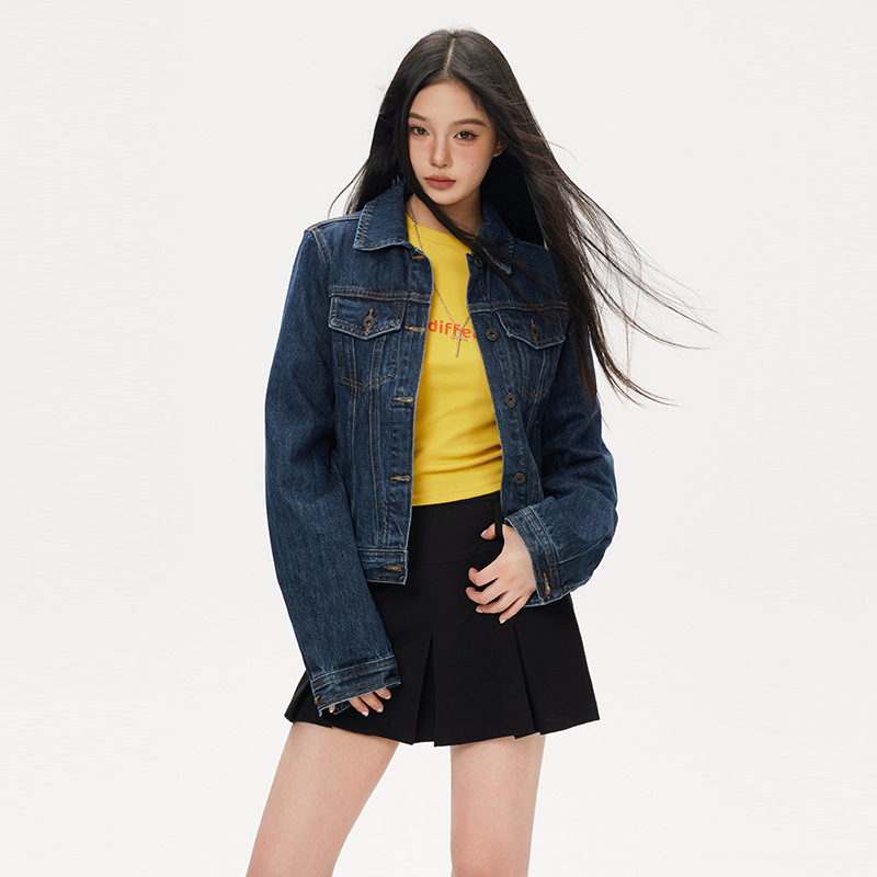 Dark Blue Basic Classic Shorts Denim Jacket Women's 2025 Autumn and Winter New Long-Sleeved Slim Jacket Top