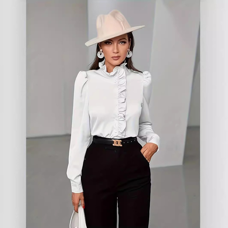 2025 Cross-Border Amazon Women's Elegant Pleated Trim Long Sleeve Front Button Shirt Top - Ready Stock 2025 Cross-Border Amazon Women's Elegant Pleated Trim Long Sleeve Front Button Shirt Top - Ready Stock
