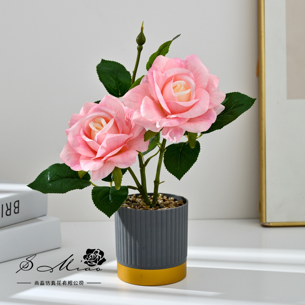 Transfronterizo dos grandes rosas bonsai moda imitación maceta flores falsas decoración del hogar fotografía ornamentos de flores artificiales de boda