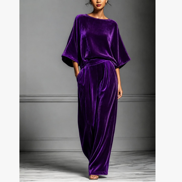 European and American independent brand 2026 new collection: solid-color velvet round-neck casual long-sleeve loose-fit wide-leg pants set (two-piece outfit) European and American independent brand 2026 new collection: solid-color velvet round-neck casual long-sleeve loose-fit wide-leg pants set (two-piece outfit)
