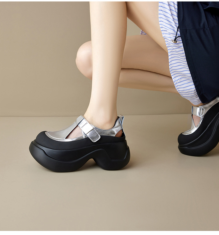 Sandal bít mũi đế dày da thật 2025 quai Velcro phong cách La Mã — Màu đen, Màu bạc chi tiết 14