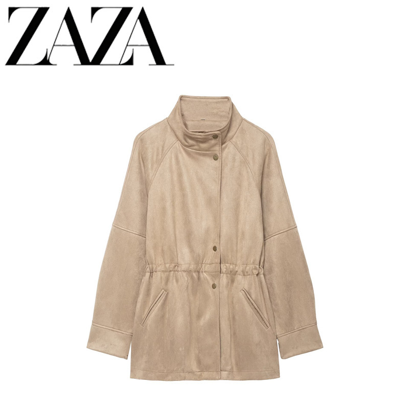 Zaza Self-Made European and American Style Wholesale Women's Clothing Fashionable Versatile High-Neck Waist-Cinching Suede Mid-Length Jacket Coat Zaza Self-Made European and American Style Wholesale Women's Clothing Fashionable Versatile High-Neck Waist-Cinching Suede Mid-Length Jacket Coat