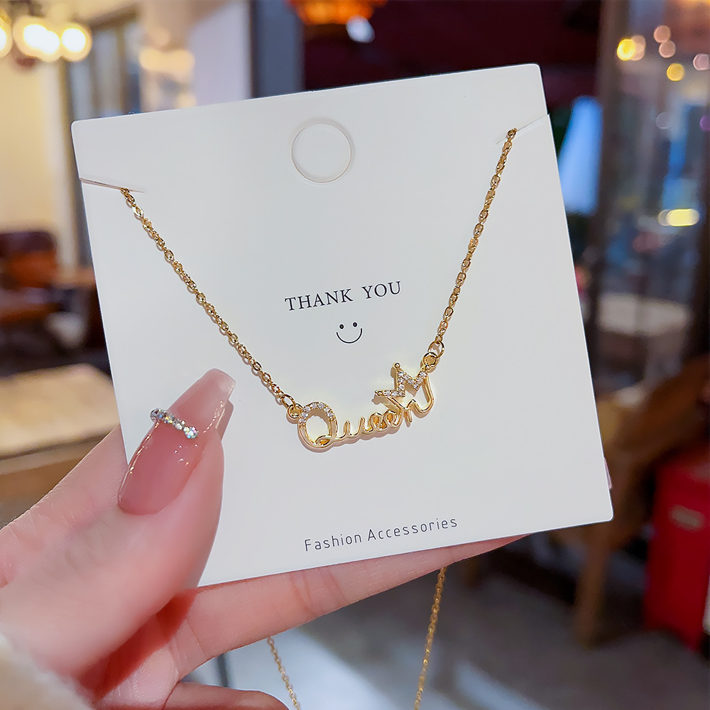 Zircon Inlay Material Necklace Classification 304 Stainless Steel Chain Material Wholesale Jewelry Luxurious Letter Crown Titanium Steel Zircon Inlay Necklace