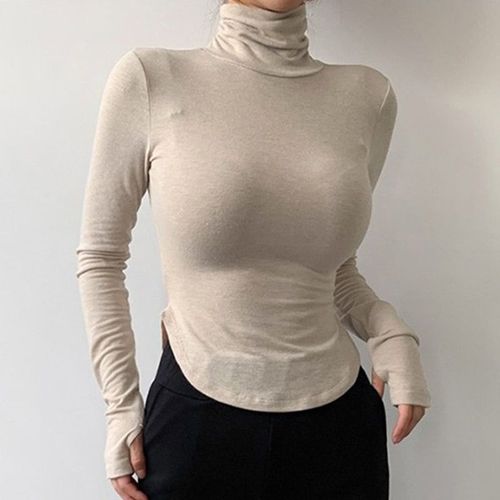 Women's regular-fit soft and fluffy round neck long sleeve T-shirt with irregular hem, white, suitable for spring and autumn layering.