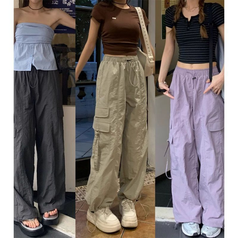 American-Style Parachute Cargo Pants for Women, 2026 Summer New Hong Kong Style Loose Drawstring Wide-Leg Jogger Functional Sweatpants for Women