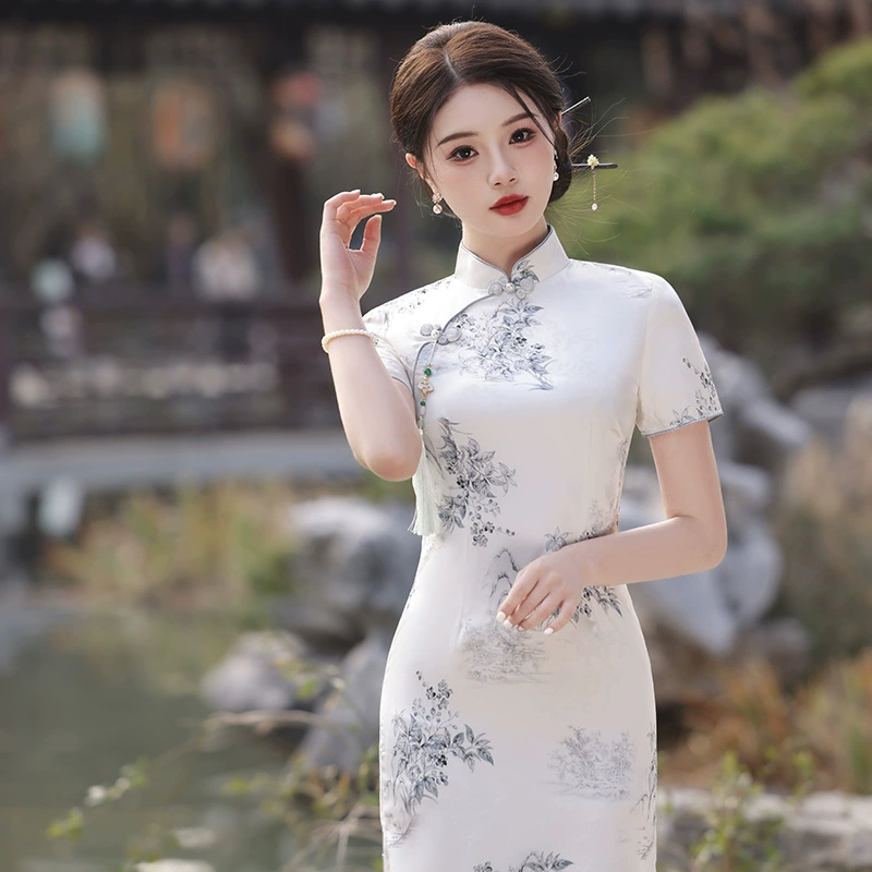仟金公主 Retro elegante легкий чонсам, китайский стиль, с коротким рукавом