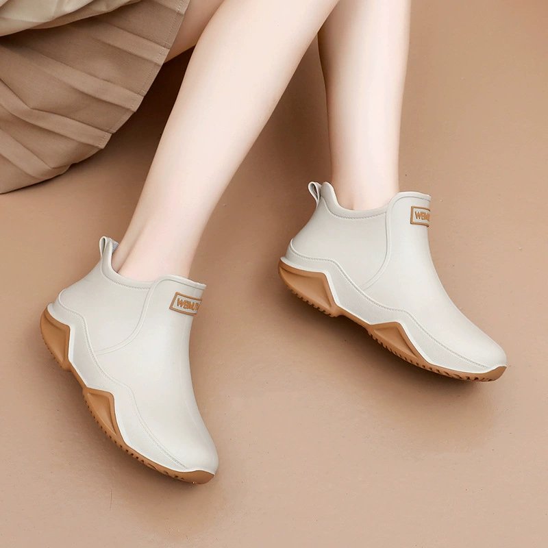 Дождевые сапоги женский взрослый мода носить короткую трубку пара дождевые сапоги плоское дно теплая водонепроницаемая кухня работа автомойка резиновая обувь мужчины