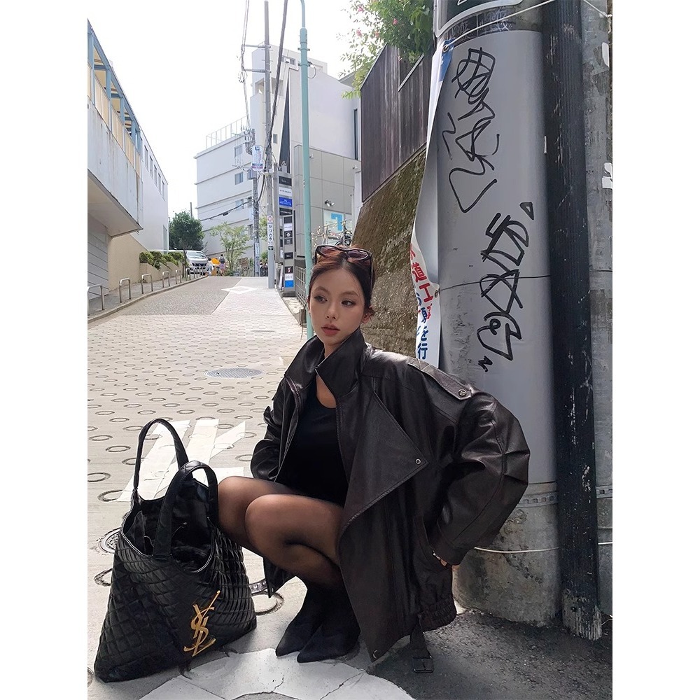 American-Style Retro Distressed Brown Leather Jacket for Women with Street Style and High-End Pu Leather Jacket Trend