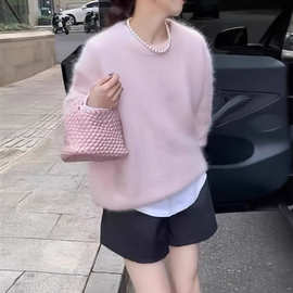 粉色马海毛慵懒松弛感套头毛衣女冬季高级感穿搭加厚针织衫上衣潮