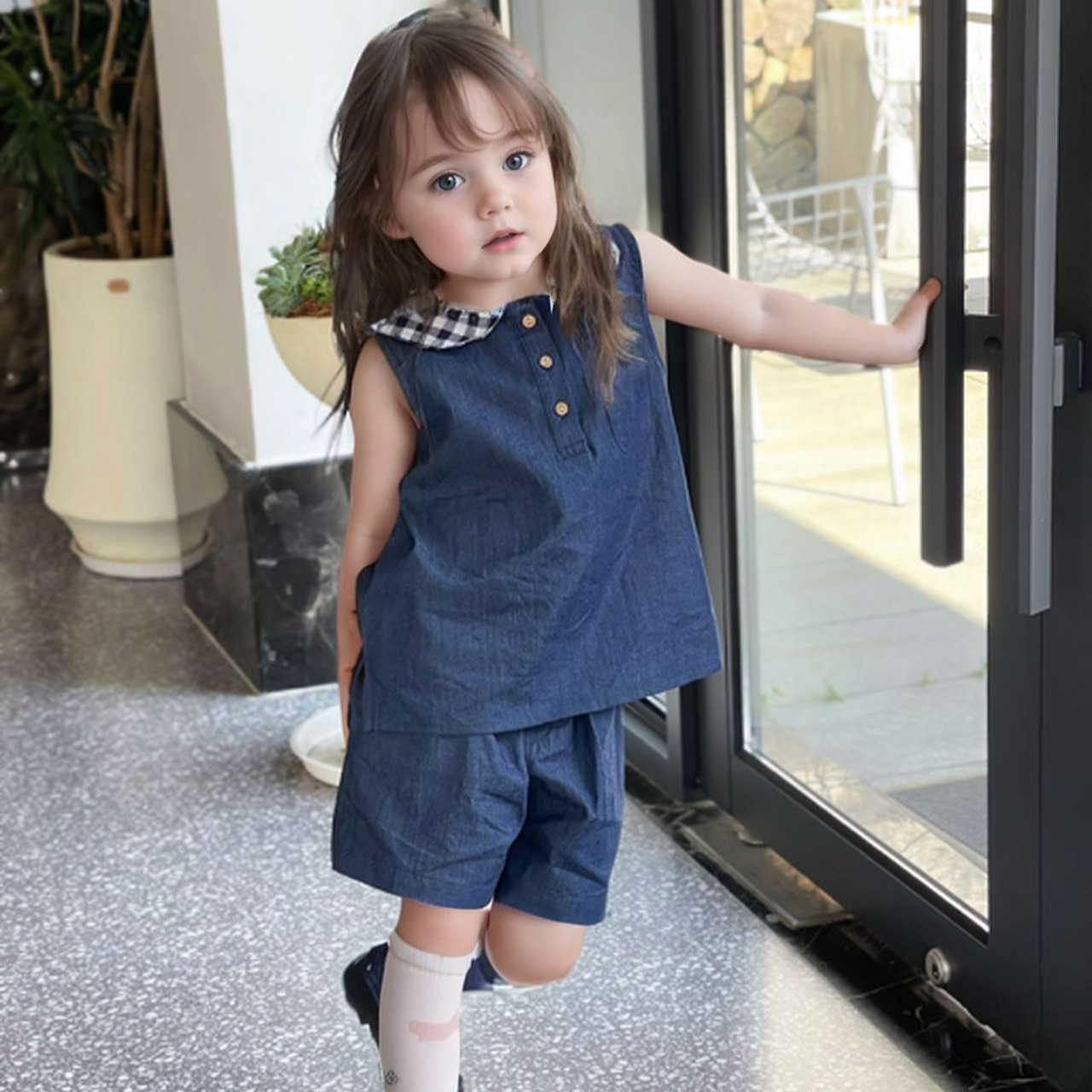Girls' Summer Outfit 2026 New Style Sleeveless Denim Two-Piece Set for Little Girls, Sleeveless Top and Shorts for Boys and Girls