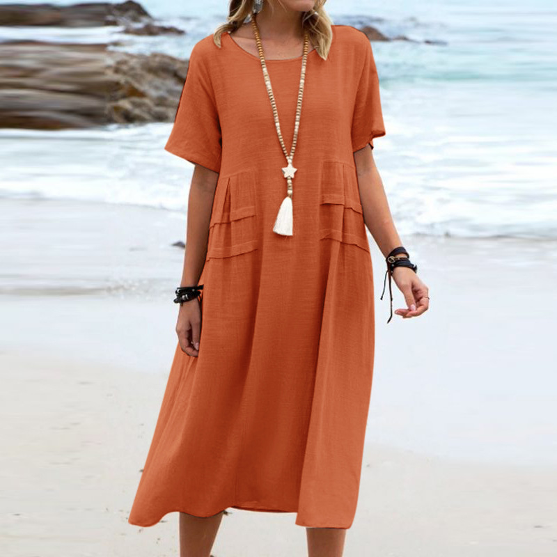 Robe d'été décontractée pour femme, coupe ample, col rond, manches courtes, longueur mi-longue, en coton et lin, couleur unie_voghion.com