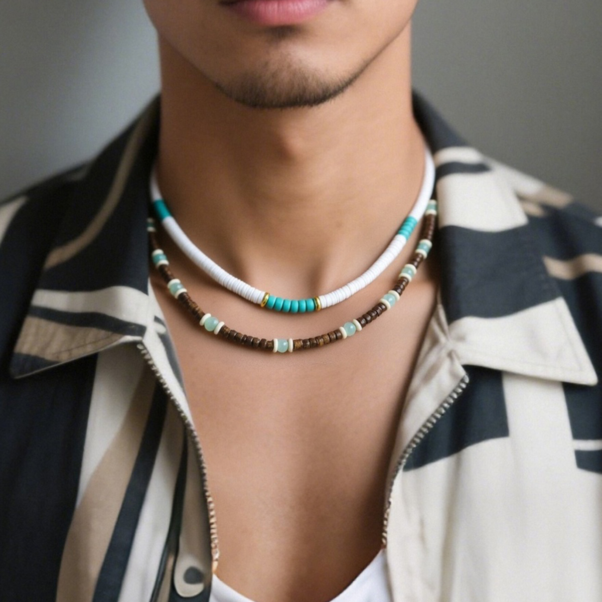 European and American Amazon Stone Coconut Shell Beaded Necklace Men's Niche Temperament Soft Pottery Clavicle Chain Two-Piece Jewelry Wholesale