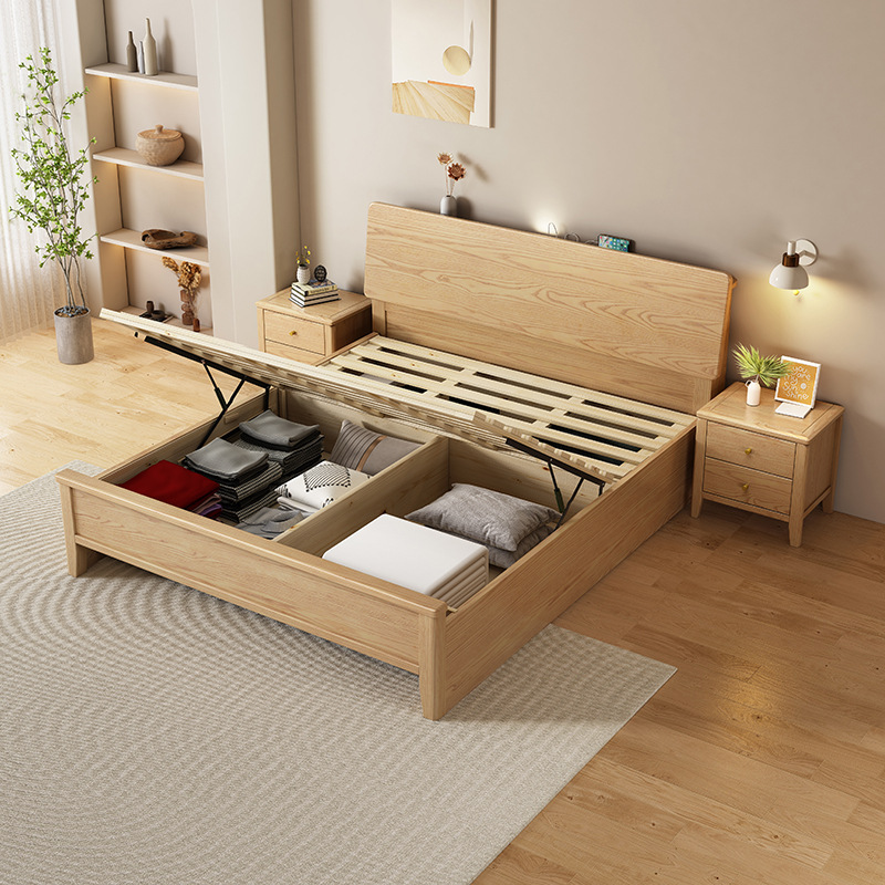 Cama de madera sólida de madera de cera nórdica 1m 8 dormitorio principal cama doble moderna simple viento 1.2m pequeña cama de almacenamiento