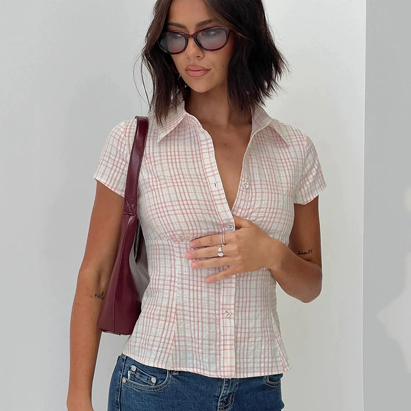 Европейская и американская горячая девушка в клетку с узором на талии, тонкая рубашка ретро-основа, дикая повседневная повседневная рубашка с отворотом