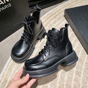 Foreign trade plus size Martin boots for women 2023 autumn and winter New Round toe thick bottom V mouth lace-up low tube women's leather boots wholesale