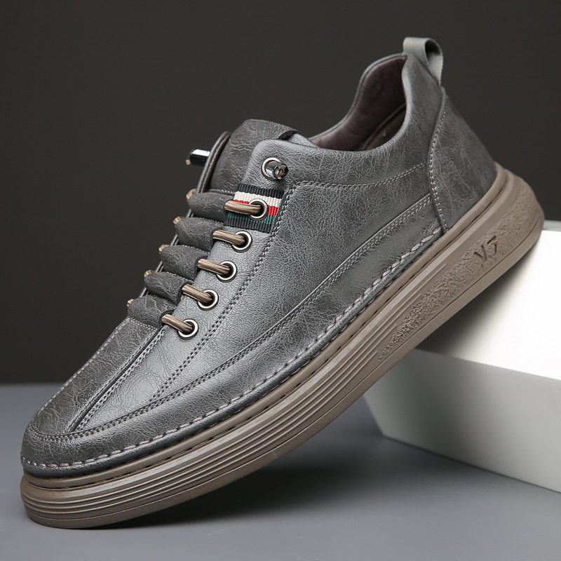 Giày sneaker nam da bò thật phối da, đế bằng mềm, cổ thấp, dây thun co giãn — GX2036 kaki, GX2036 màu trắng, GX2036 màu xám