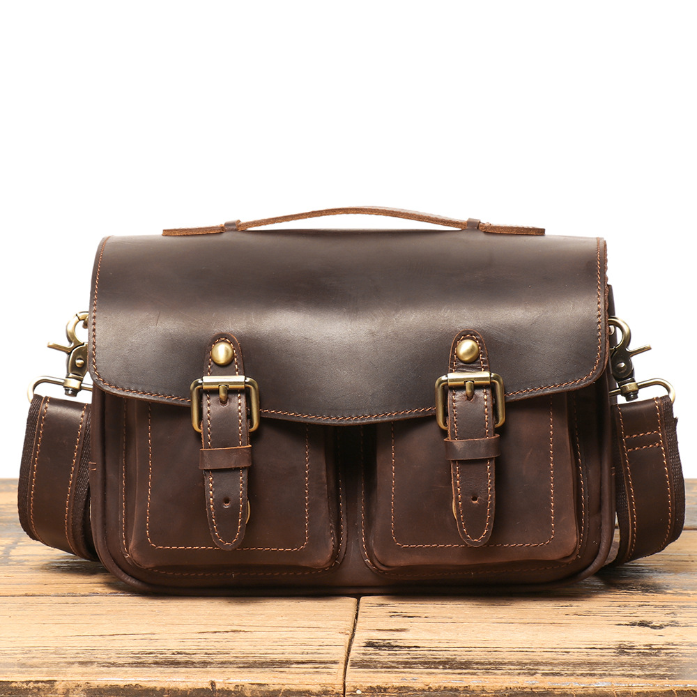 New European and American retro men's casual genuine leather digital camera bag, top layer cowhide crossbody bag, crazy horse leather photography bag