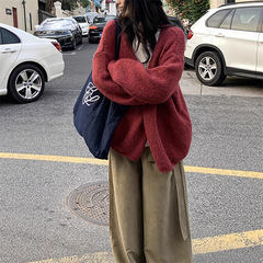 韩系穿搭红色粗毛线针织外套女高级感温柔风绝美宽松软糯毛衣开衫