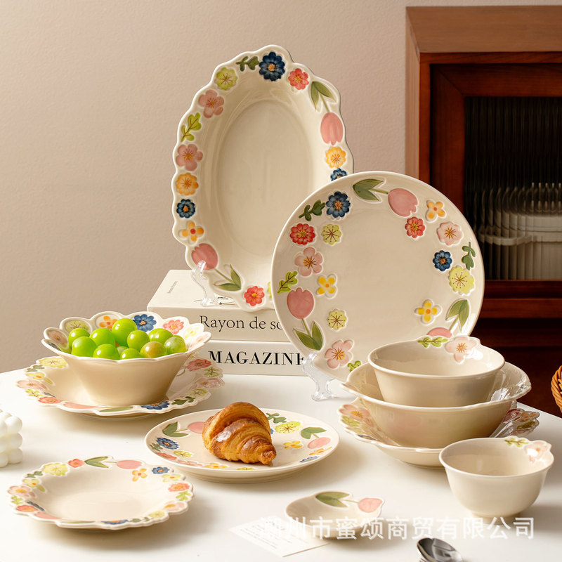 Flower Series Japanese Retro Dish Set Ceramic Tableware High-Value Glaze Dinner Plate Household Rice Bowl Fruit Plate