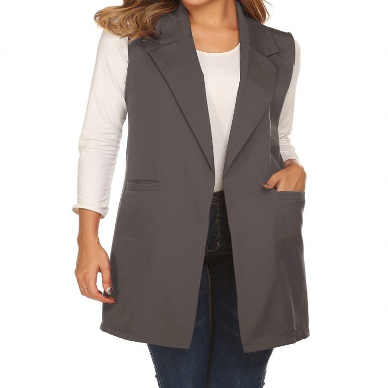 2022 europeo y americano transfronterizo verano elegante nueva ropa de mujer color sólido todo partido solapa sin hebilla cardigan traje largo chaleco