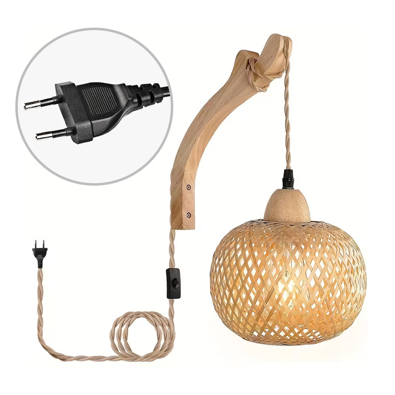 Transfronterizo enchufable bambú tejido madera lámpara de pared sala de té lámparas residenciales estilo japonés retro creativo dormitorio lámpara de cabezal de cama