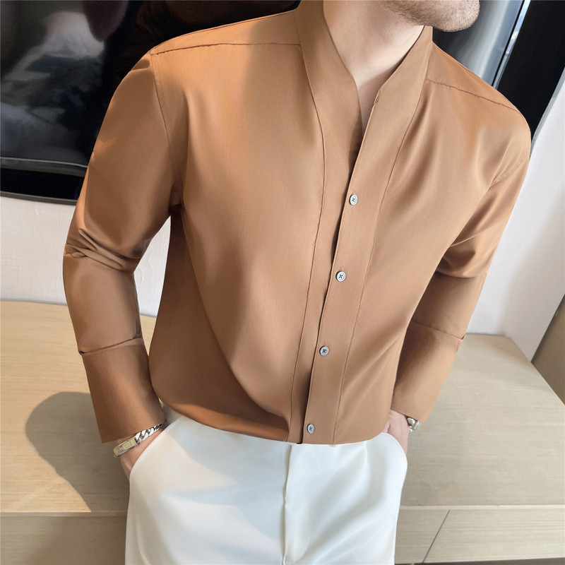 High-End Fashion with Extended Cuff Design, Stand Collar Men's Long-Sleeve Shirt, Stylish Collarless V-Neck Boss Men's Shirt