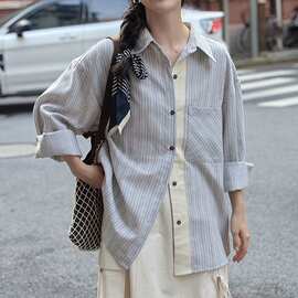 现货宽松拼接条纹长袖衬衫女韩系衬衣外套春秋季2026新款上衣衬衫
